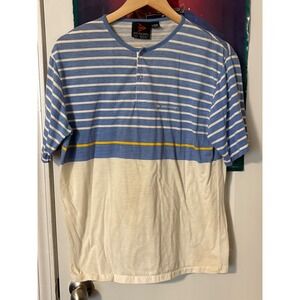 Dunlop Mens Striped Henley Shirt Short Sleeve Blue White Yellow Casual Large 90s